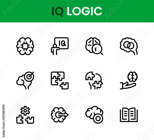 IQ logic icon set. Professional sleek IQ logic modern line icon collection, logical reasoning symbols, brain function visuals, intelligence themed icons, refined design system
