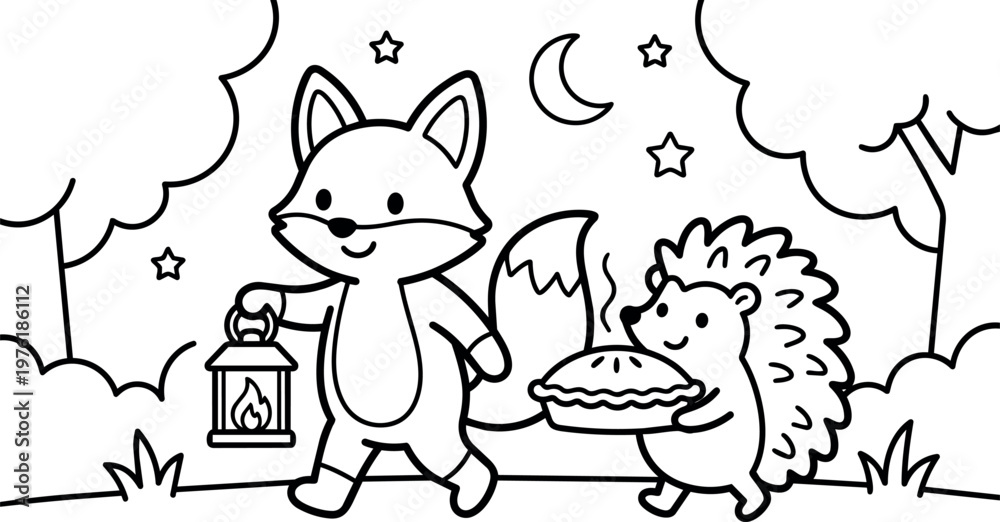 Obraz premium Black and white line art fox carrying lantern and hedgehog holding pie at night