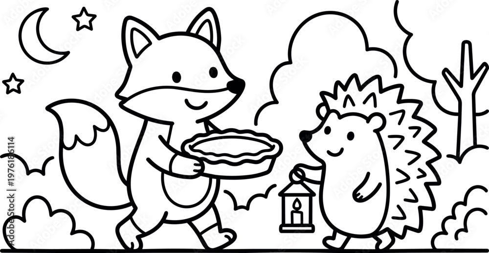 Obraz premium Black and white line art fox carrying pie and hedgehog holding lantern at night