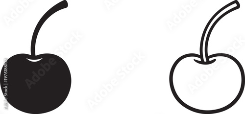 Cherry fruit black silhouette and outline icon set for food, nature, and organic product design.