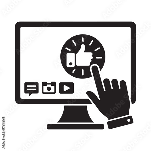 Computer screen displays a like symbol with a hand interacting