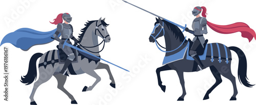 Medieval Knights on Horses with Lances Duel Battle Scene Armor Warriors Fantasy Vector Illustration