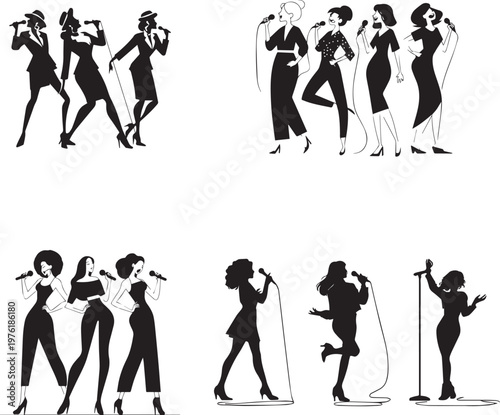 Female singer silhouettes performing with microphones isolated vector illustration music performance concept