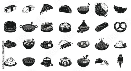 Diverse collection of global cuisines and traditional cooking utensils illustrated in black and white Vector