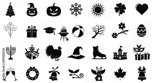 Collection of icons representing various holidays, seasons, and cultural symbols Vector