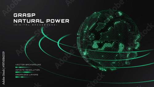 Abstract green world energy background with digital earth particle. Modern technology globe showing eco clean power system.