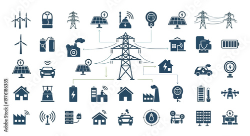 Comprehensive icons representing modern energy infrastructure and sustainability solutions Vector