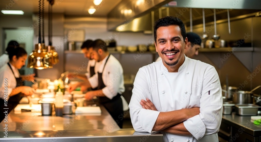 Fototapeta premium Successful Professional Chef Smiling in a Busy Commercial Kitchen with Staff Working in Background