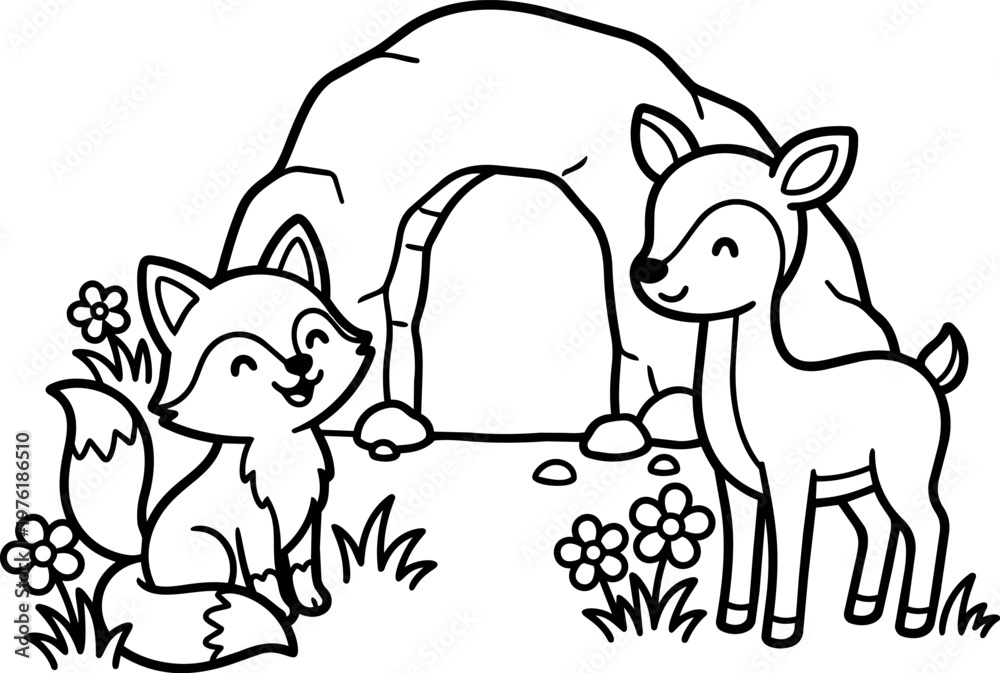 Obraz premium Cute fox and deer animals near cave with flowers line art