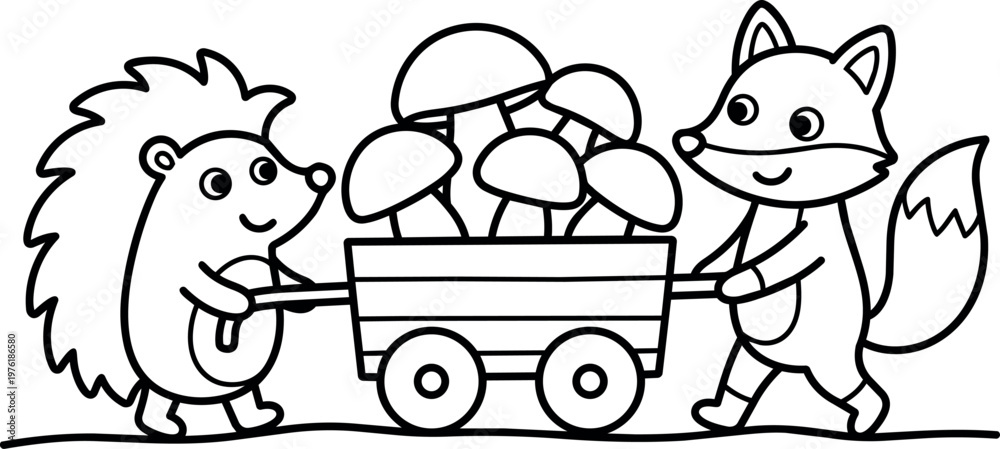 Obraz premium Black and white line art hedgehog and fox carrying wagon with mushrooms
