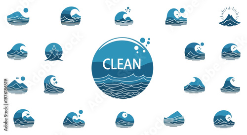Collection of icons promoting clean oceans and environmental conservation Vector