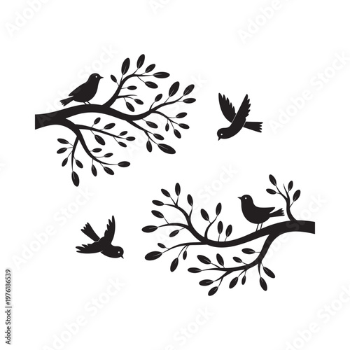 Black and white illustration of birds perched on and flying from branches