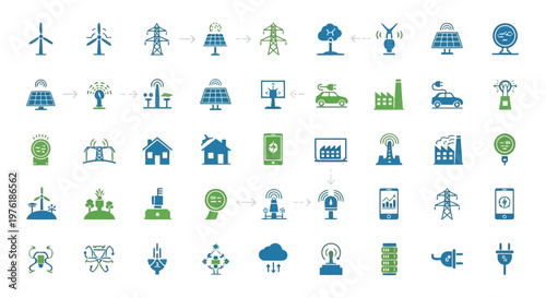 Comprehensive icons representing various elements of sustainable energy and smart infrastructure Vector