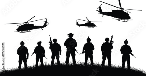 Black silhouette illustration of soldiers with rifles and helicopters flying above representing military presence, defense, and coordination