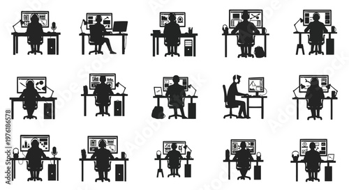 Diverse office workers engaged in various computer-related tasks at their desks Vector