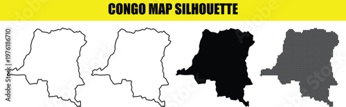 Congo map silhouette illustrations featuring democratic republic geography with solid black shape outline and dotted grid.