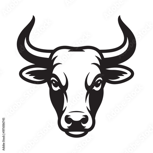 A striking black and white illustration of a bull s head facing forward