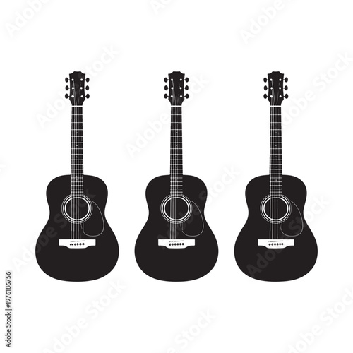 Three black acoustic guitars displayed against a plain white background