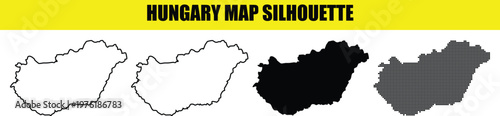Hungary map silhouette collection featuring four different styles including outline solid black and halftone dot patterns.