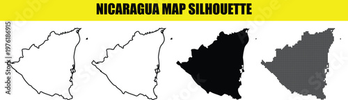 Nicaragua map silhouette collection includes vector line art black solid shape and dotted pattern over transparent backdrop.