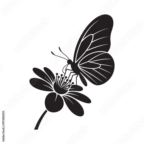 A black silhouette of a butterfly delicately perched on a flower
