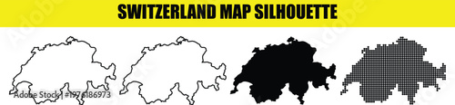 Switzerland map silhouette bundle containing solid black icon thin line contour and abstract halftone dot matrix graphics.