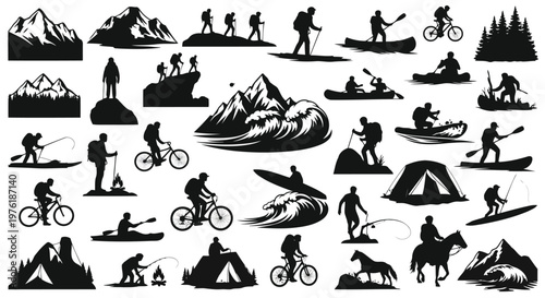 Adventurous outdoor activities and nature exploration icons Vector