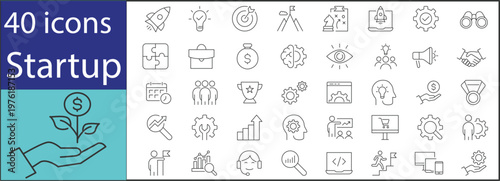 Startup icons pack with growth chart, lightbulb idea, launch rocket, teamwork, and funding symbols in clean line style for web and presentations.