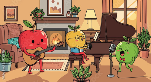 Cartoon apples playing music instruments.