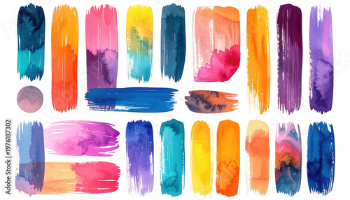 A vibrant composition of watercolor brushstrokes, showcasing various shapes and hues of different colors. Artistic and colorful