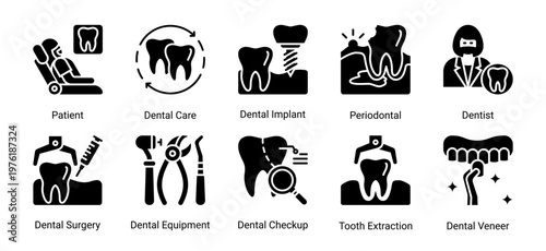 Dental Basics icon set including patient,dentist,dental procedures and essential oral healthcare elements suitable for medical and clinic design projects