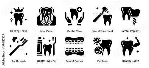 Oral Hygiene icon set featuring cleaning tools,healthy teeth and dental care elements suitable for oral health and hygiene design projects
