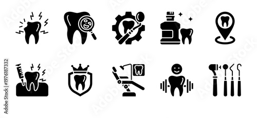 Dental Problems icon set representing oral issues,diagnostics and treatment support elements suitable for dental and healthcare design