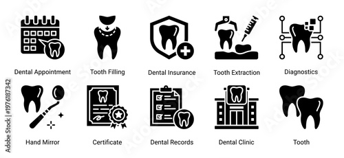 Dental Treatment icon set including appointment,procedures and dental clinic elements suitable for healthcare and medical service design