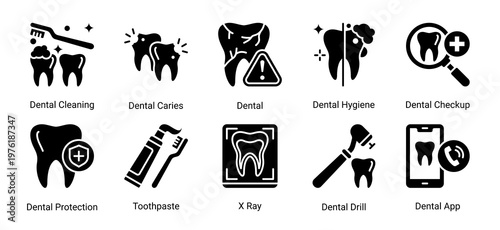 Dental Clinic Tools icon set featuring equipment,diagnostics and oral hygiene products suitable for dental clinic and healthcare service design