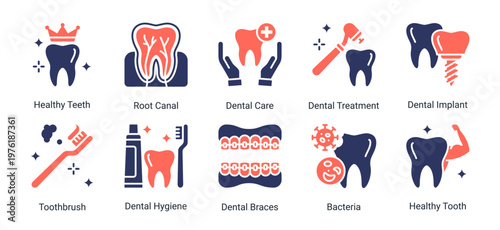 Oral Hygiene icon set featuring cleaning tools,healthy teeth and dental care elements suitable for oral health and hygiene design projects