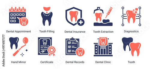 Dental Treatment icon set including appointment,procedures and dental clinic elements suitable for healthcare and medical service design