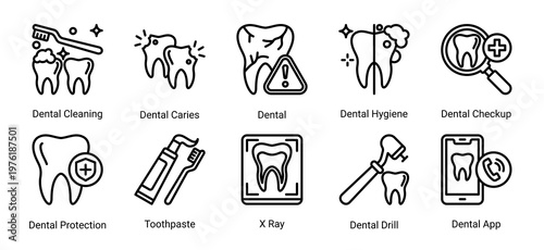 Dental Clinic Tools icon set featuring equipment,diagnostics and oral hygiene products suitable for dental clinic and healthcare service design