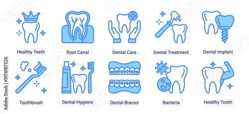 Oral Hygiene icon set featuring cleaning tools,healthy teeth and dental care elements suitable for oral health and hygiene design projects