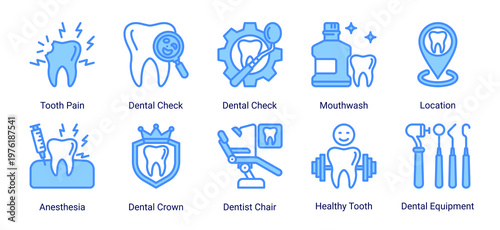 Dental Problems icon set representing oral issues,diagnostics and treatment support elements suitable for dental and healthcare design