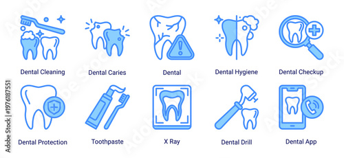 Dental Clinic Tools icon set featuring equipment,diagnostics and oral hygiene products suitable for dental clinic and healthcare service design