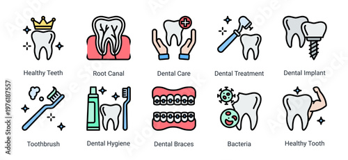 Oral Hygiene icon set featuring cleaning tools,healthy teeth and dental care elements suitable for oral health and hygiene design projects