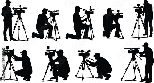 Black silhouette sequence of video camera operators using tripod equipment in multiple filming positions, adjusting lenses, and capturing professional footage