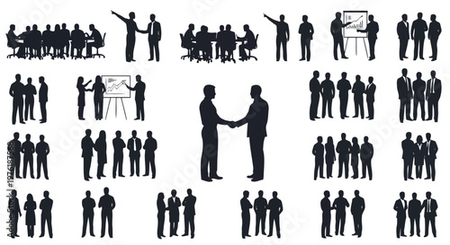 Diverse business meeting and networking scenarios depicted in silhouettes Vector