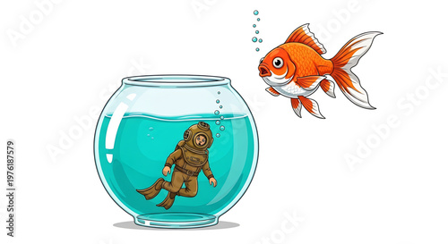 A cartoon illustration of a scuba diver in a fishbowl looking at a goldfish swimming outside