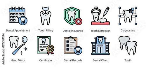 Dental Treatment icon set including appointment,procedures and dental clinic elements suitable for healthcare and medical service design