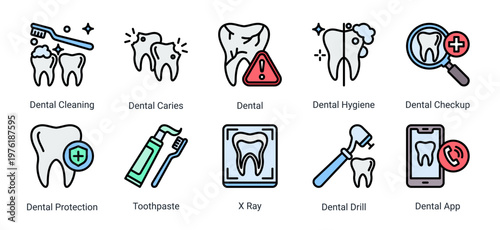 Dental Clinic Tools icon set featuring equipment,diagnostics and oral hygiene products suitable for dental clinic and healthcare service design