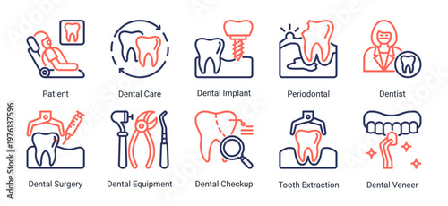 Dental Basics icon set including patient,dentist,dental procedures and essential oral healthcare elements suitable for medical and clinic design projects
