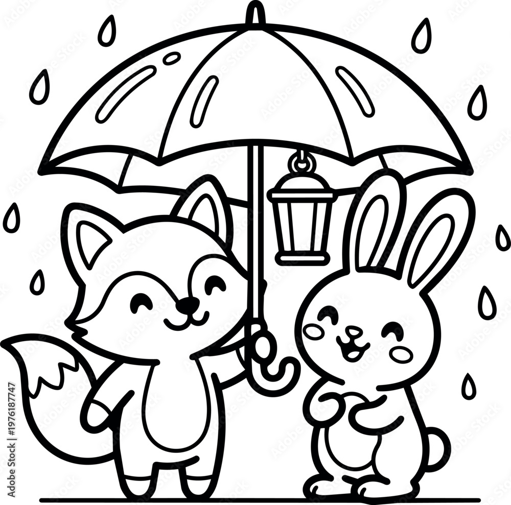 Obraz premium Black and white line art fox and rabbit holding umbrella with lantern in rain