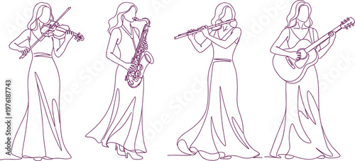 Continuous line art vector illustration of four female musicians in gowns playing violin saxophone flute and guitar for elegant performance.